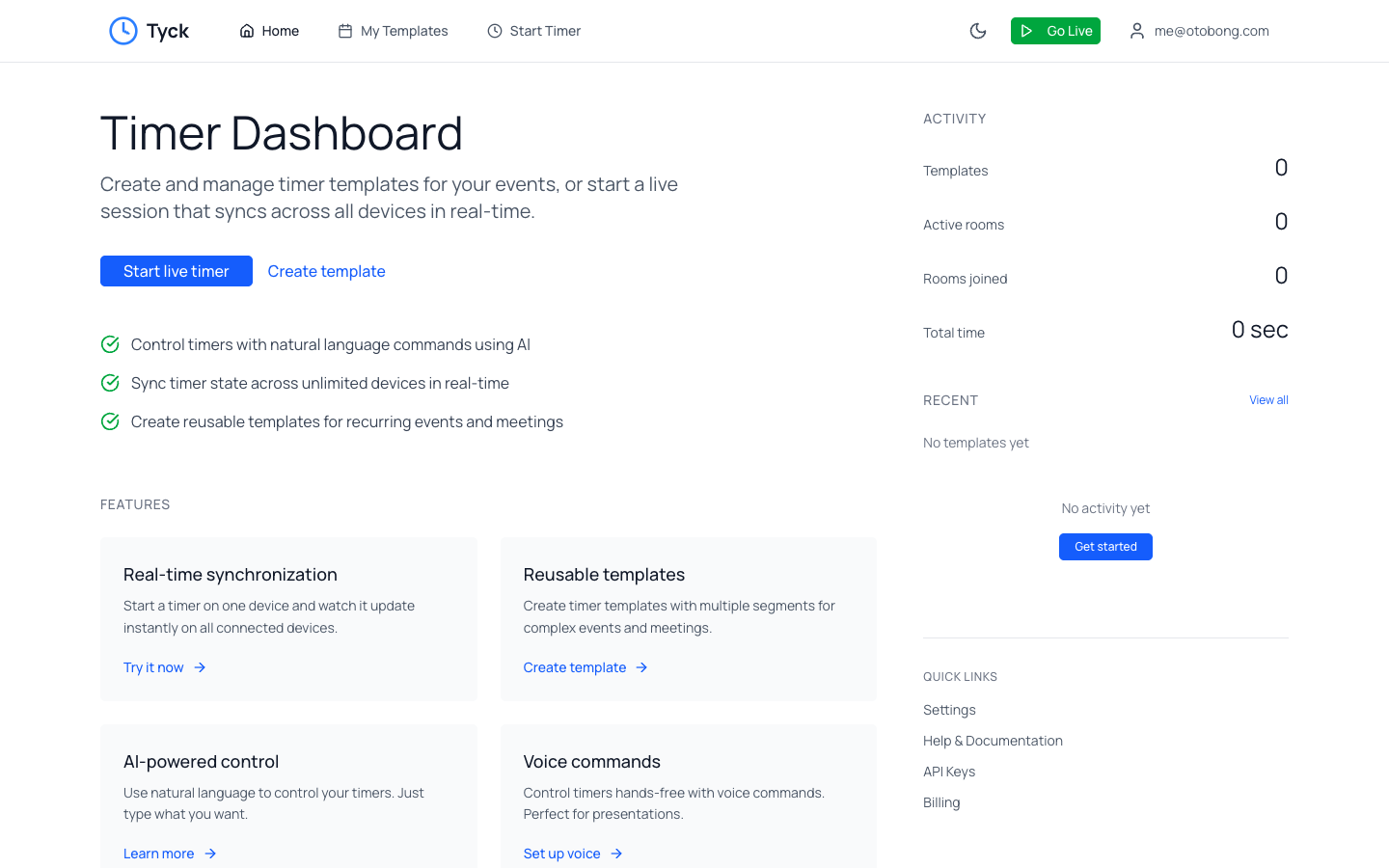 Tyck dashboard showing timer controls, activity stats, and feature overview