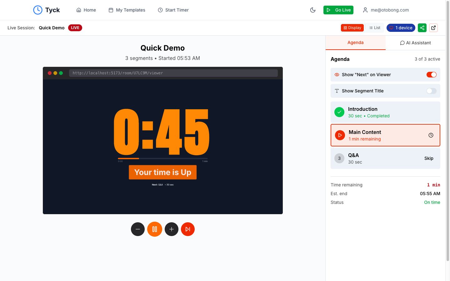 Live timer controller showing countdown with agenda panel and real-time controls