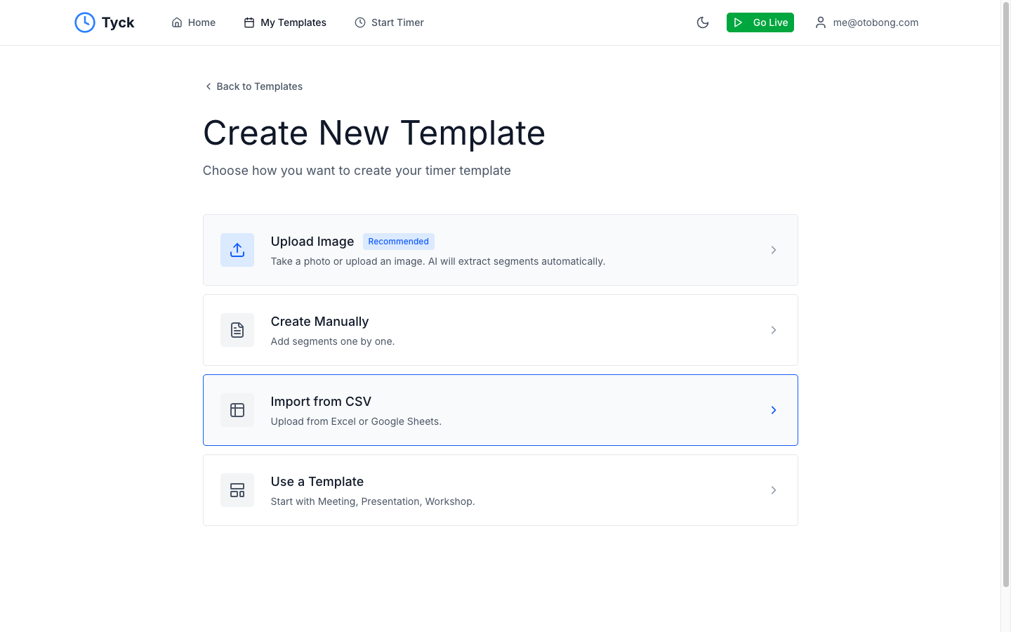 Create New Template page with options to upload, build manually, or import from CSV